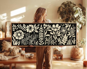 Framed Black & White Floral Print: Minimalist Botanical Wall Art - Horizontal Wall Art - Panoramic Print - Above Bed Decor - Large Wall Art