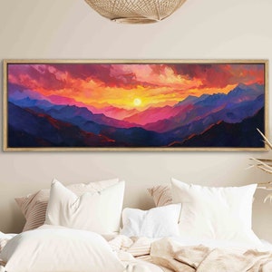 Sunset over the Purple Mountains, Minimal Horizontal Landscape Wall Art Framed, Moody Panoramic Print, Vintage Painting Print, Boho Wall Art image 4