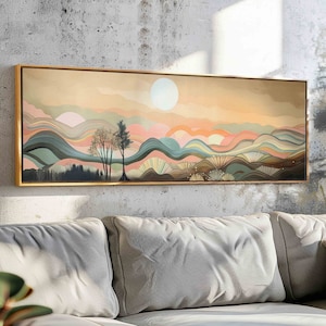 Mid Century Modern Landscape Framed Canvas: Panoramic Boho Wall Art