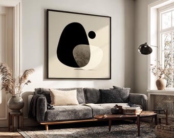 Large Square Abstract Minimalist Japandi Wall Art Framed, Mid Century Modern