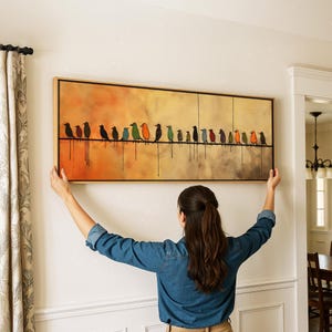 Estampe encadrée de style moderne du milieu du siècle : Oiseaux abstraits sur fil de fer