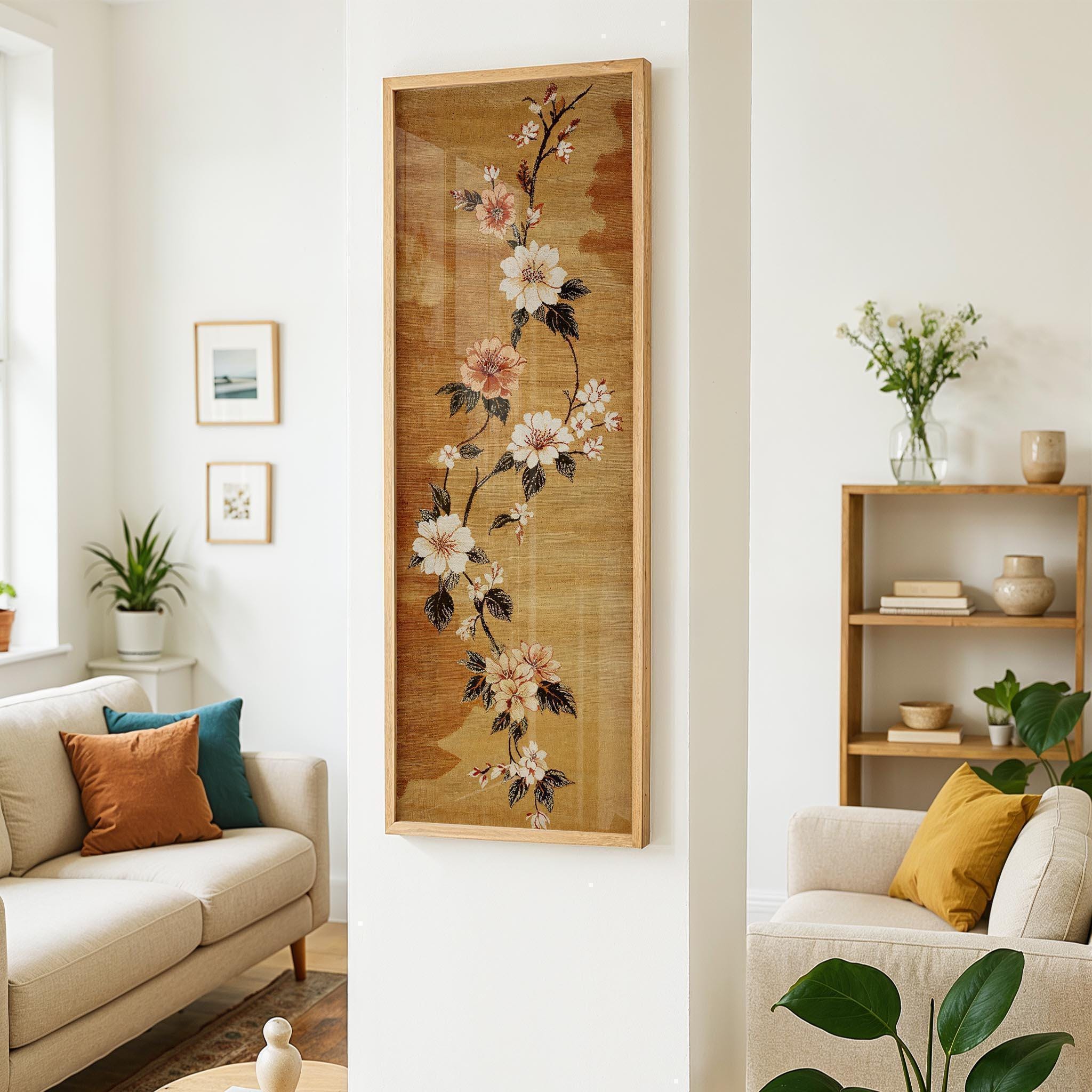 Japanese Floral Tapestry Wall Art Framed: Vintage Botanical Print