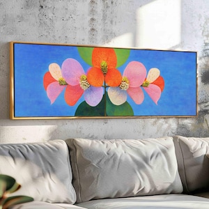 Symmetrical Flower Wall Art Framed, Horizontal Floral Wall Art, Panoramic Wall Art, Calm Wall Art, Above Bed Decor, Modern Wall Art