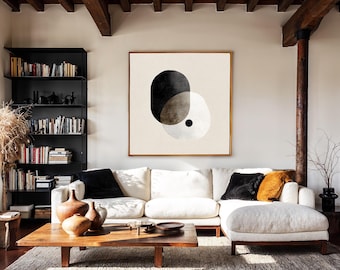 Large Square Abstract Minimalist Japandi Wall Art Framed, Mid Century Modern