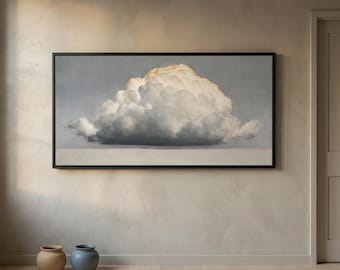 Cloud Wall Art Framed - Single Cumulus Over a Pale Horizon - Horizontal Wall Art - Panoramic Print - Calm Neutral Art Above Bed
