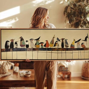 Mid-Century Modern Birds on Wire Framed Wall Art: Abstract Horizontal Print