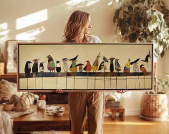 Mid-Century Modern Birds on Wire Framed Wall Art: Abstract Horizontal Print