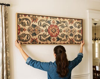 Tapiz floral enmarcado para pared: estampado textil vintage, decoración bohemia.