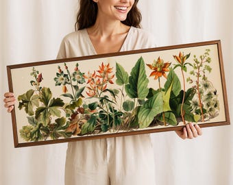 Vintage Botanical Framed Wall Art: Panoramic Floral Print