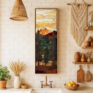 Stained Glass Inspired Mountain Art: Rustic Pine Tree Forest Landscape