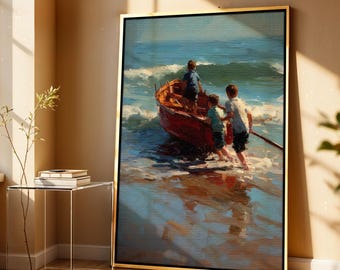 Ingelijste print kustzeegezicht: jongens met boot, strandhuiskunst
