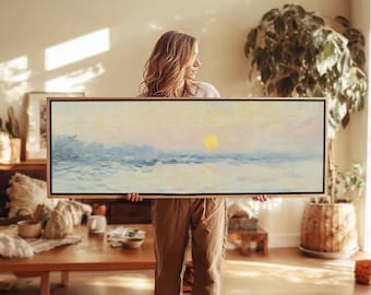 Calm Seascape Wall Art, Pastel Sunrise Long Horizontal Canvas, Large Framed Coastal Print Above Bed, Serene Ocean Panoramic Decor