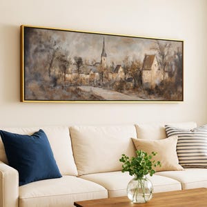 Vintage European Village Panoramic Landscape Print - Framed Boho Wall Art for Above Bed Decor