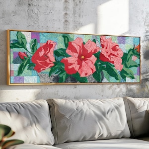 Toile florale rouge : oeuvre d&#39;art murale florale abstraite moderne