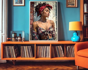 Muurdecoratie met een zwarte vrouw, modern impressionistisch portret op ingelijst canvas, Afro-Amerikaanse kunst, gedurfd figuratief schilderij voor de woonkamer.