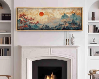 Vintage Japanese Textile Landscape Tapestry: Framed Boho