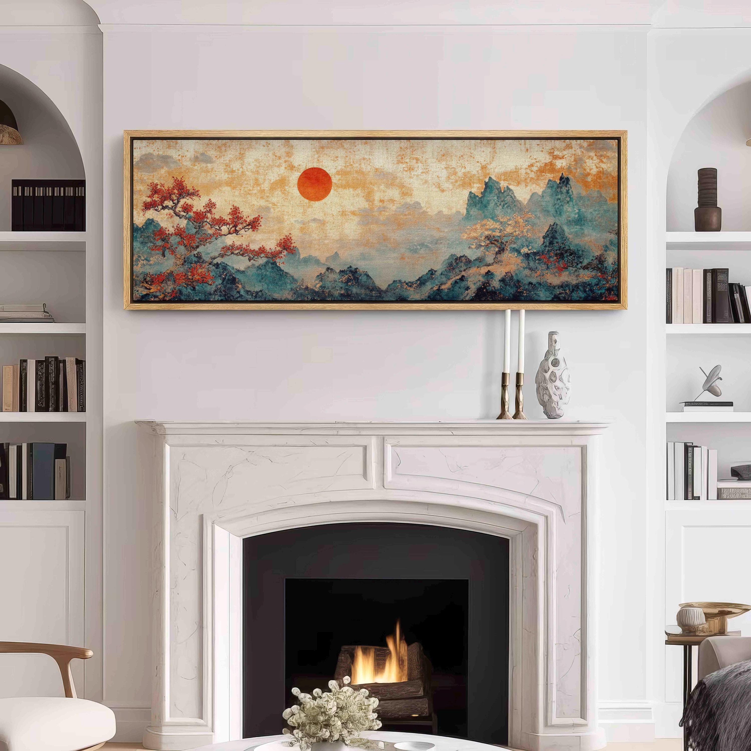 Vintage Japanese Textile Landscape Tapestry: Framed Boho
