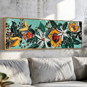 Elegant Mid-Century Floral Panoramic Wall Art: Framed Botanical Print for Modern Home Decor, Above Bed&Sofa
