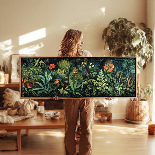 Quadro decorativo botânico para parede: impressão floral horizontal, grande peça panorâmica.