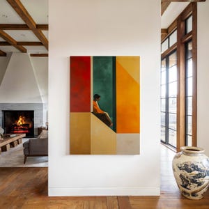 Große abstrakte geometrische Leinwand: Mid-Century Modern gerahmte Wandkunst, Boho Decor, fertig zum Aufhängen