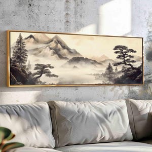 Vintage Japanese Tapestry Wall Art Framed, Asian Vintage Textile Wall Art Print, Landscape Tapestry Print, Boho Wall Decor, Above Bed Decor