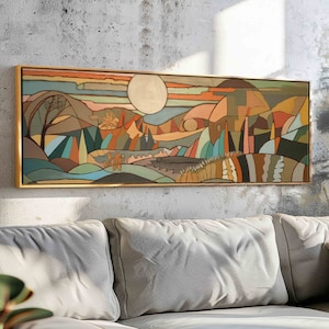 Halverwege de eeuw moderne panoramische print, moderne horizontale muurkunst ingelijst, abstracte muurkunst, geometrische print, boho wanddecoratie, kunst aan de grote muur