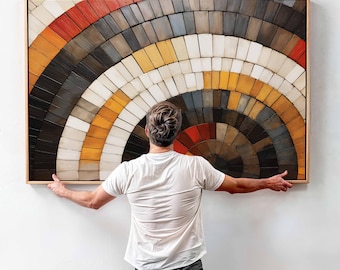 Impression sur toile géométrique encadrée : oeuvre d'art murale horizontale moderne du milieu du siècle