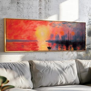 Vintage Sunset Seascape Framed Wall Art: Soft Tones Panoramic Print