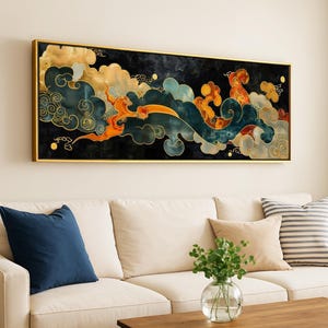 Lámina panorámica horizontal de nubes de estilo Art Nouveau enmarcada: Decoración de pared vintage y sobria para encima de la cama.