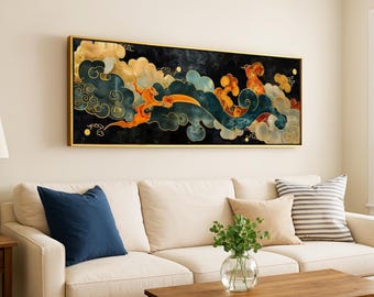 Framed Art Nouveau Horizontal Panoramic Cloud Print: Moody Vintage Wall Decor for Above Bed