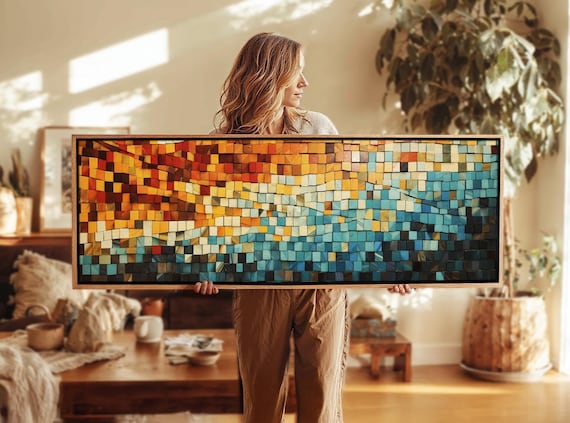 Panoramic Mid-century Modern Mosaic Canvas: Horizontal Framed Wall