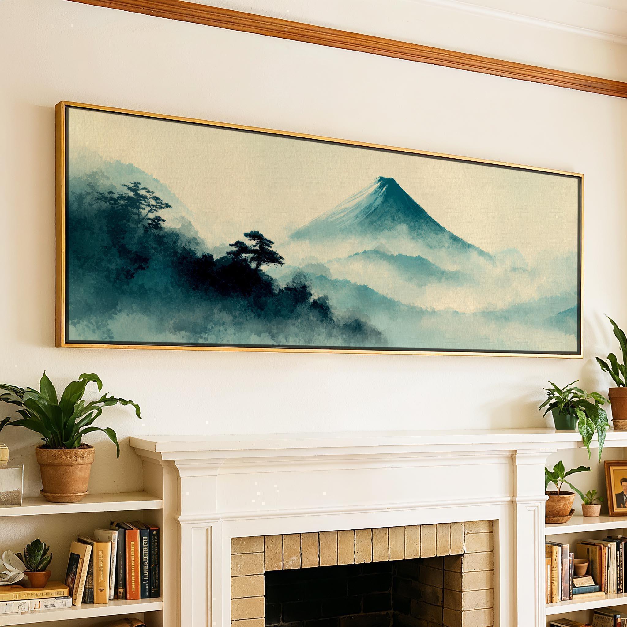 Panoramic Japanese Wall Art, Misty Mountain Landscape, Minimalist