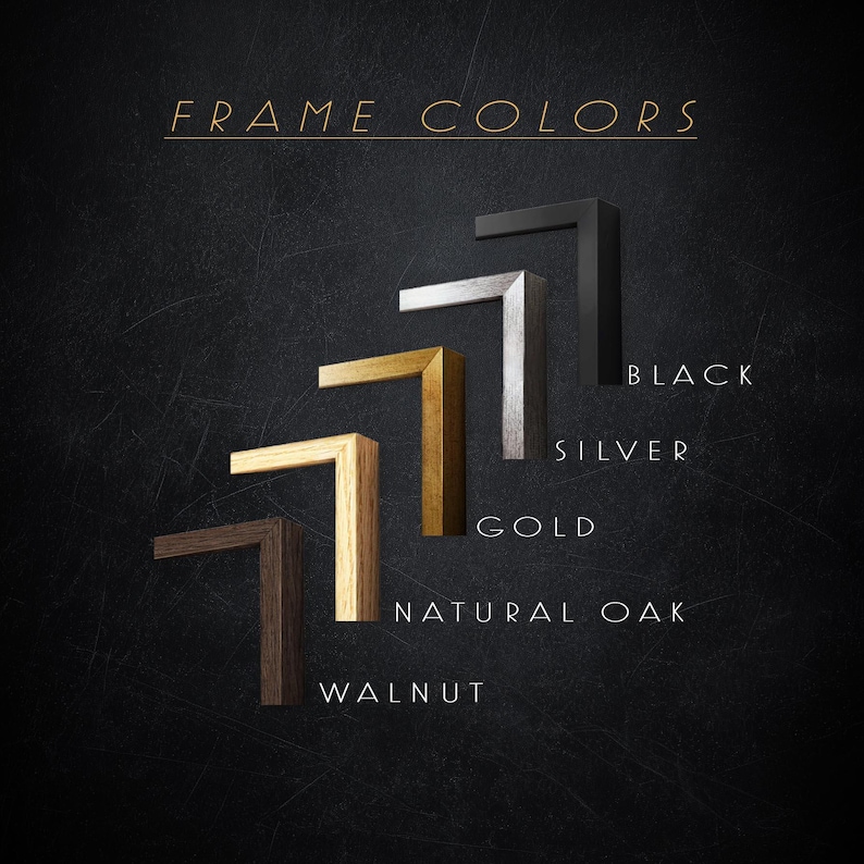 The image is a collage of various framed artworks, showcasing different wood finishes and frame styles.