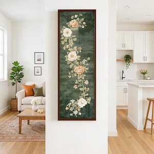 Floral Tapestry Wall Art Framed: Sage Green Japandi Print