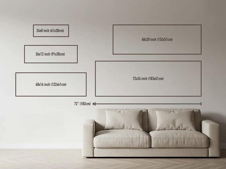 Size guide: this panoramic canvas next to a standard three seat sofa, with 12x36, 16x48, 20x60 and 24x72 inch outlines drawn to scale on the wall.