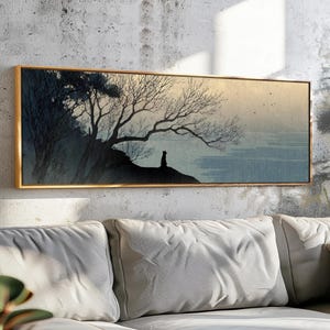 Moody Japanese Landscape Wall Art with Cat: Vintage Asian Seascape Print for Above Bed Decor
