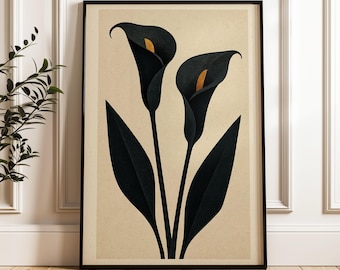 Art mural floral rétro Bauhaus encadré, impression de lys calla modernes du milieu du siècle