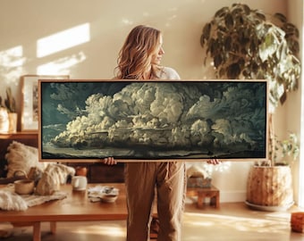 Vintage Moody Cloud Wall Art Framed - Horizontal Wall Art - Large Wall Art - Panoramic Print - Above Bed Decor - Horizontal Art