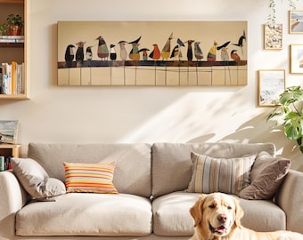 Mid-Century Modern Birds on Wire Framed Art: Abstract Horizontal Print