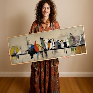 Birds On Wire Framed Canvas Print: Abstract Modern Wall Art