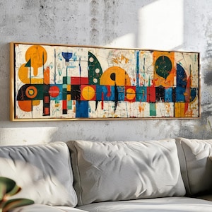 Moderne abstracte muurkunst uit het midden van de eeuw ingelijst - panoramische geometrische muurkunst - moderne kunstafdruk - brede muurkunst - horizontale muurkunst