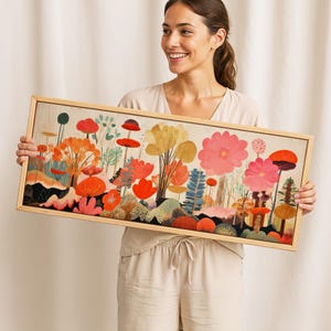 Mid Century Modern Floral Framed Canvas: Botanical Wall Art