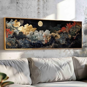 Vintage Japanese Tapestry Wall Art Framed, Asian Vintage Textile Wall Art Print, Landscape Tapestry Print, Boho Wall Decor, Above Bed Decor