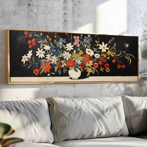 Horizontal Flowers Wall Art, Panoramic Floral Print, Large Narrow Botanical Art Print, Large Floral Wall Art, Above Bed/Sofa Boho Decor