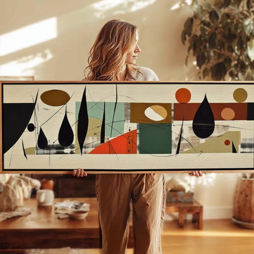 Mid Century Modern Framed Panoramic Print: Geometric Abstract Wall