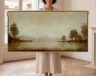 Moody Vintage Landscape Wall Art Framed, Large Horizontal Calm Art Decor