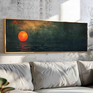 Sunset over the Emerald Green Ocean - Moody Panoramic Print - Minimal Horizontal Wall Art Framed - Vintage Painting Print - Boho Wall Art