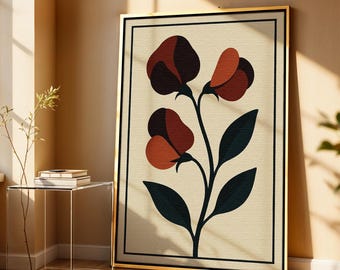 Mid Century Sweet Pea Print, Retro Bauhaus Floral Wall Art Framed