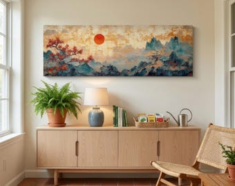 Japanese Landscape Tapestry Wall Art Framed : Boho Textile Tapestry Print - Horizontal Wall Art - Large Wall Art - Panoramic Print