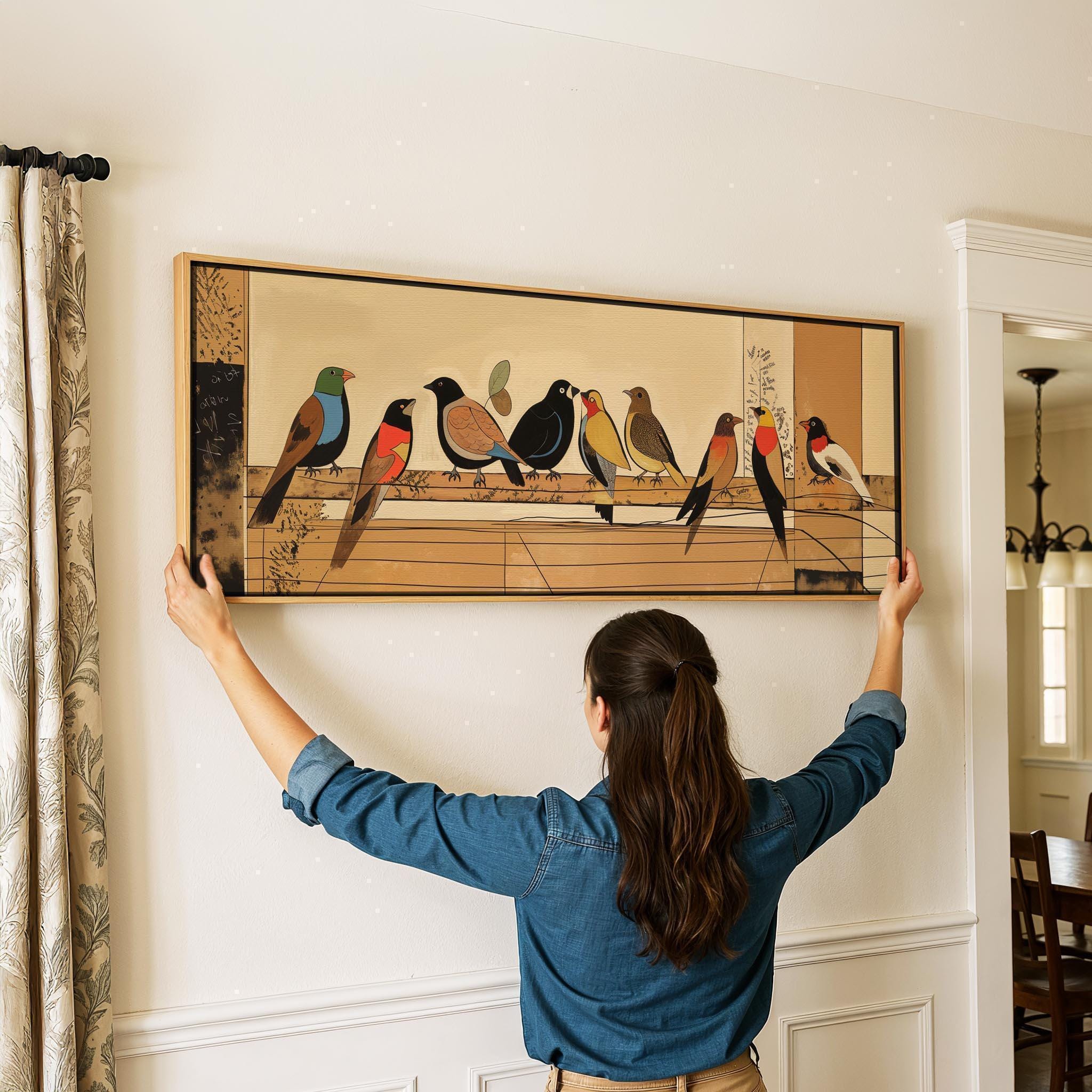 Mid Century Modern Birds on Wire Framed Canvas - Horizontal Wall